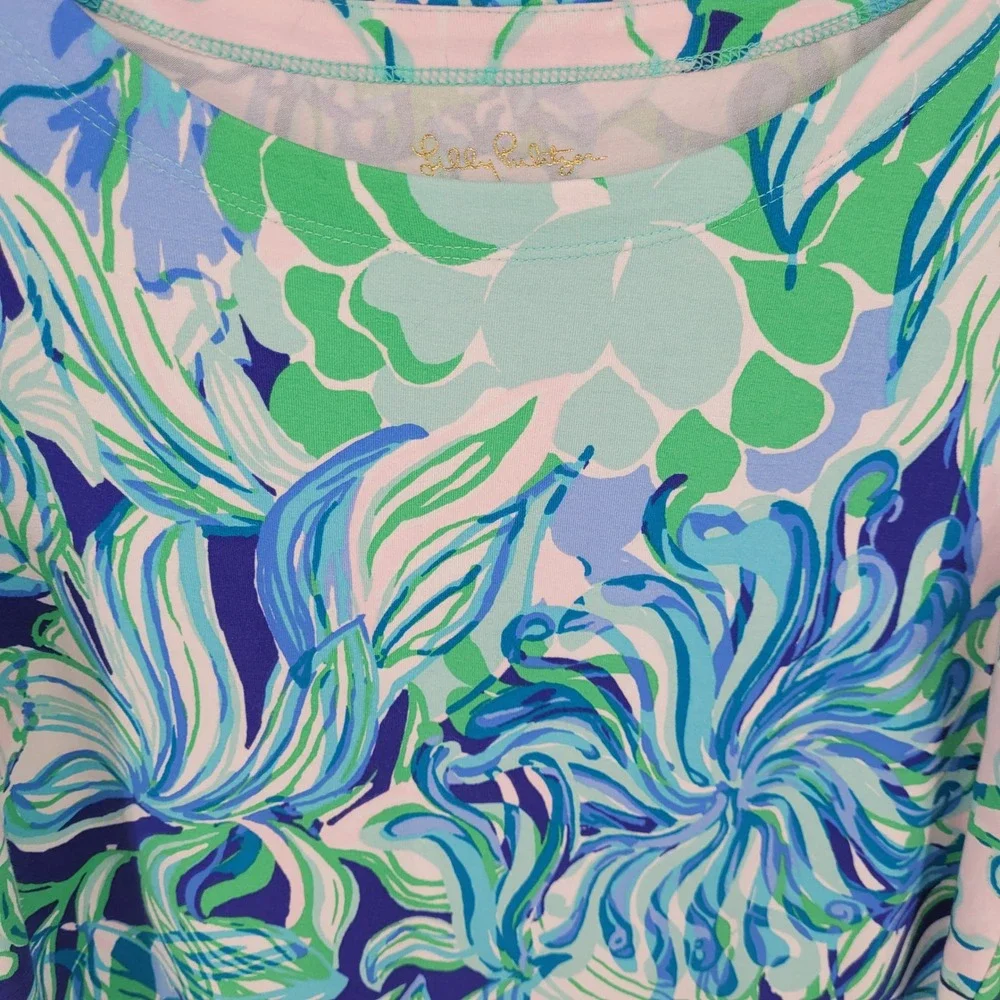 Lilly Pulitzer Shift Dress Kids XL 12-14 Floral Blue Green Ruffle Sleeve preppy